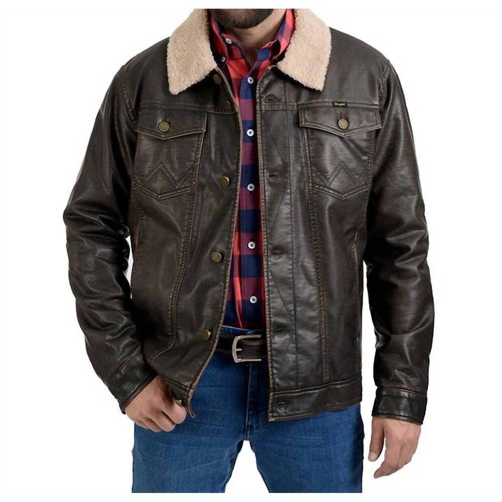 NEW WRANGLER faux leather chest pockets sherpa jacket in brown